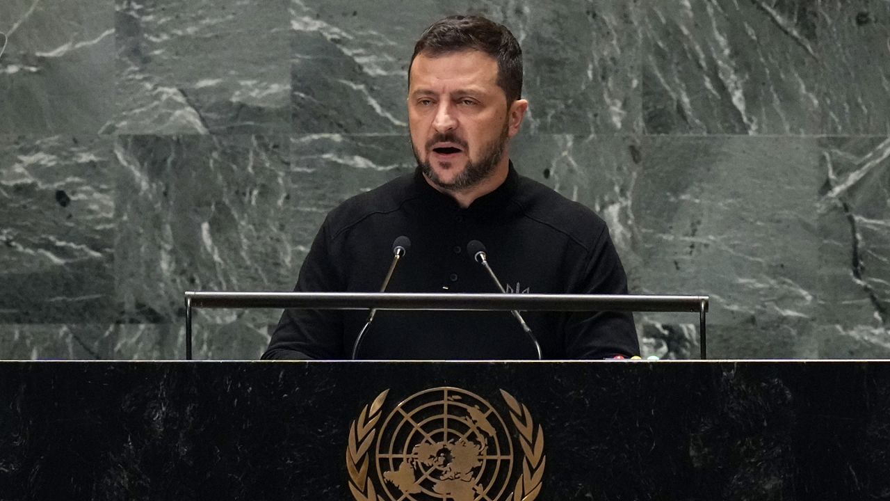 Ukraine's President Volodymyr Zelenskyy addresses the 79th session of the United Nations General Assembly, Wednesday, Sept. 25, 2024. (AP Photo/Richard Drew)