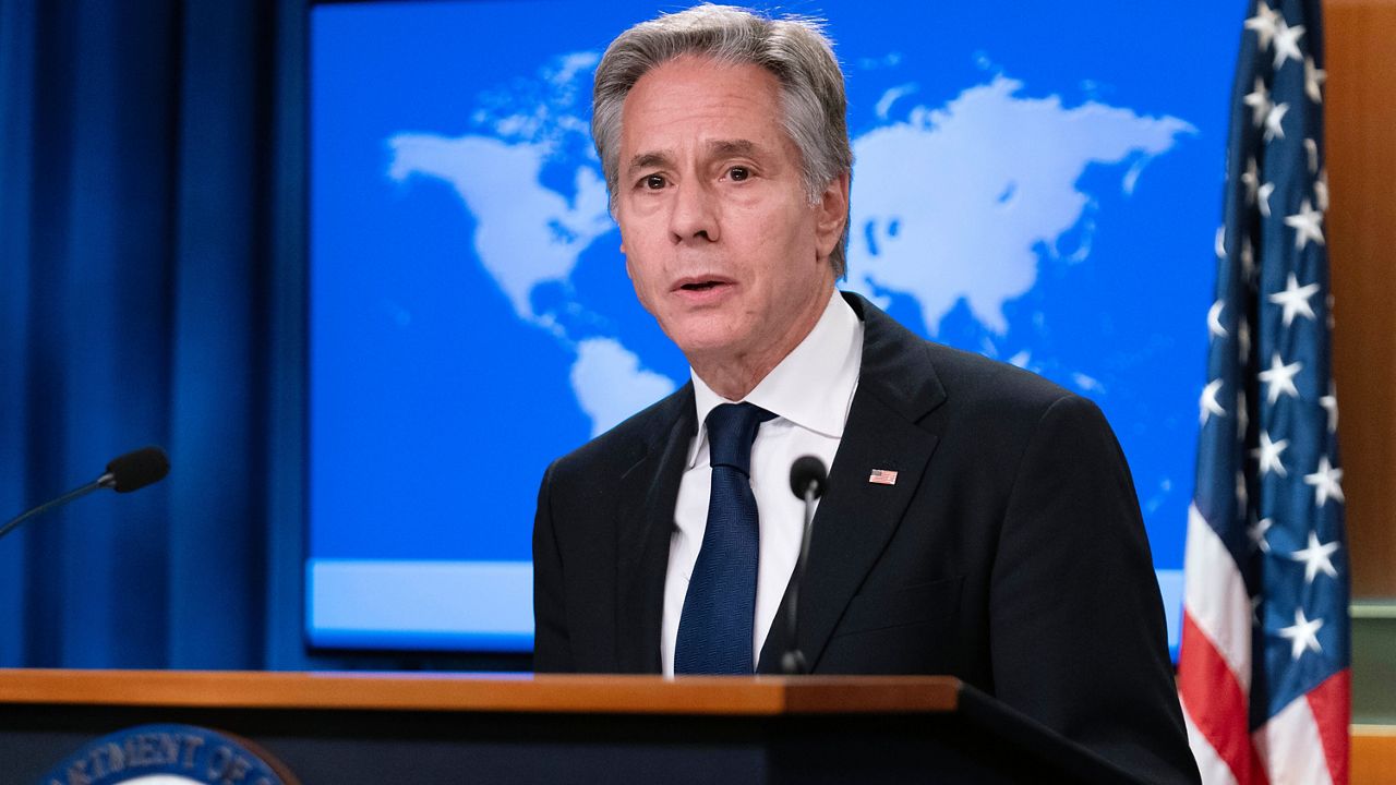 Secretary of State Antony Blinken speaks during a news conference about Russia's election interference at the Department of State in Washington, Friday, Sept. 13, 2024. (AP Photo/Jose Luis Magana)