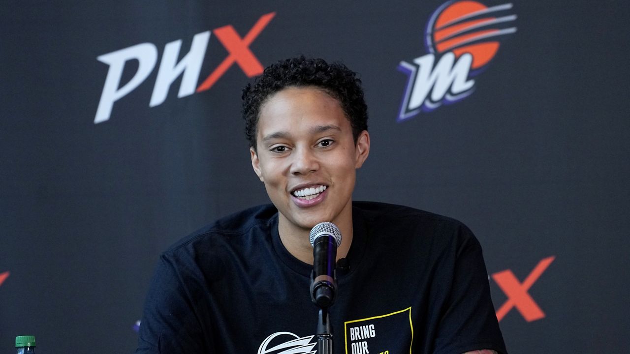 WNBA basketball player Brittney Griner speaks at a news conference, Thursday, April 27, 2023, in Phoenix. While many WNBA players play in international leagues to supplement their incomes, Griner says the only time she'll ever play outside country again is with the USA Basketball. (AP Photo/Matt York, File)
