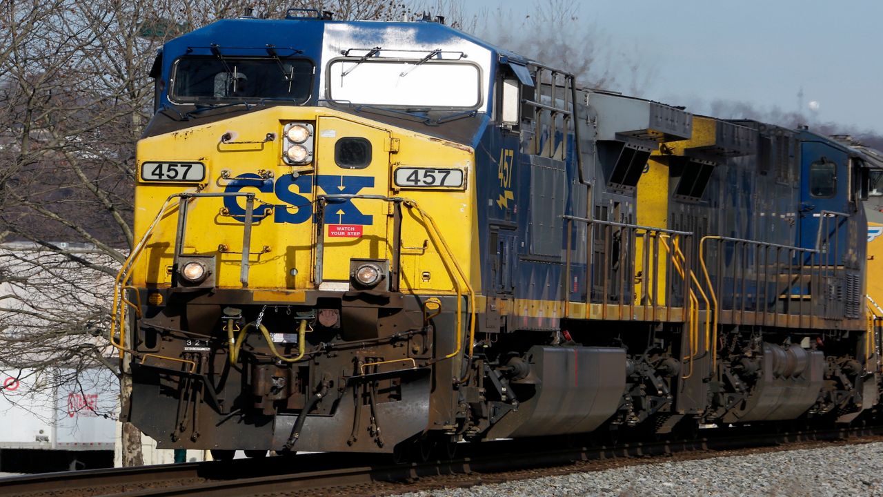 A CSX freight train passes through Homestead, Pa., Feb. 12, 2018. (AP Photo/Gene J. Puskar, File)
