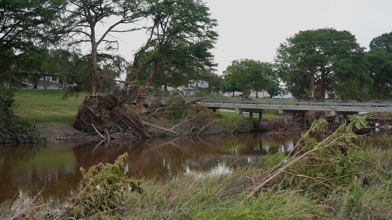 Trees and debris cover the ground near the Guadalupe River after flooding in Kerrville, Texas on Wednesday, July 9, 2025. (AP Photo/Ashley Landis)