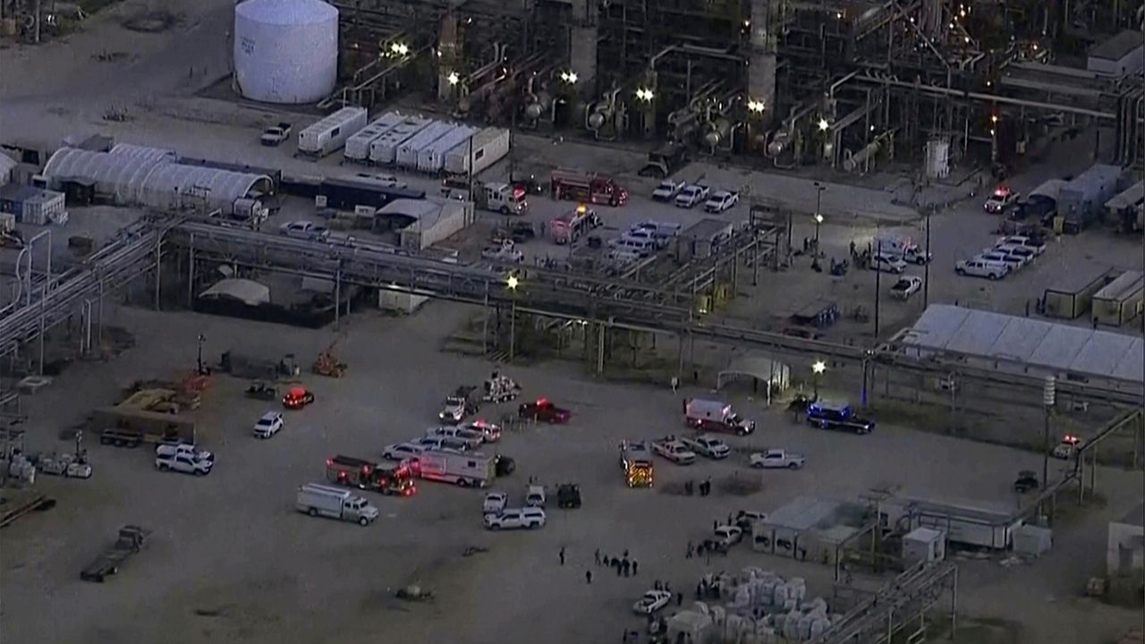 Emergency personnel arrive at oil refinery after hydrogen sulfide leaked Thursday, Oct. 10, 2024 in Houston. (KTRK via AP)