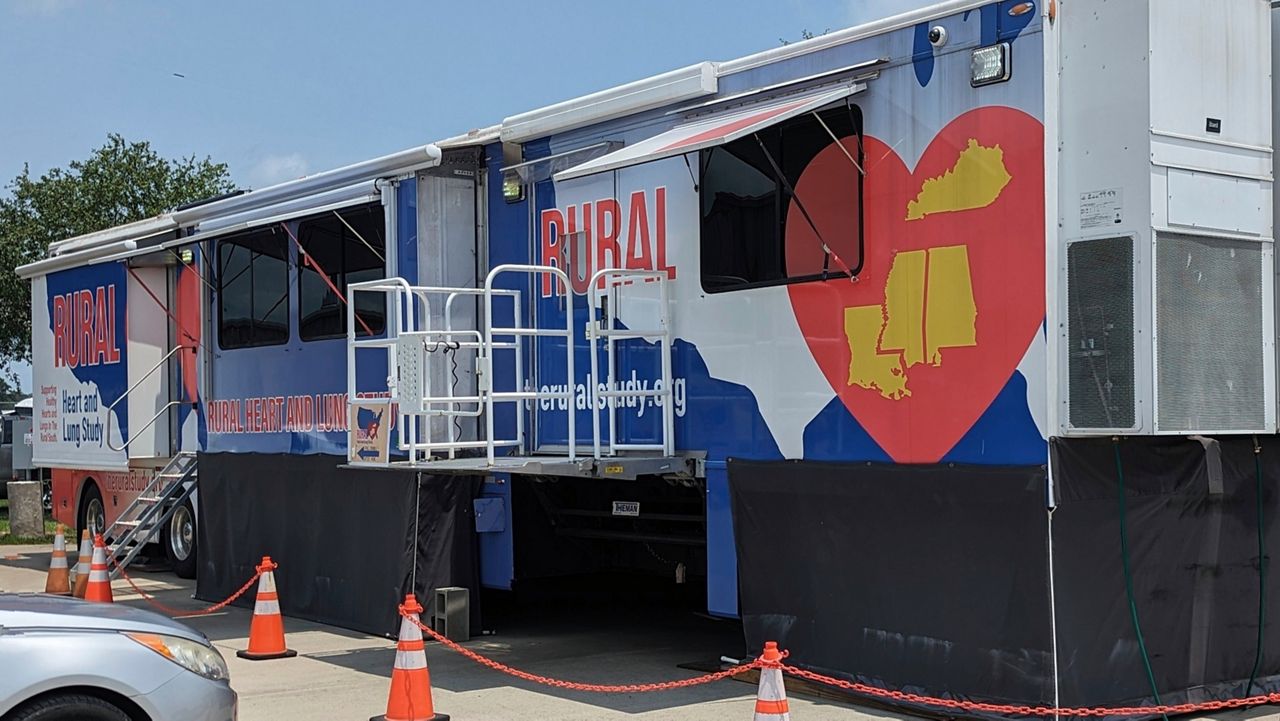 A medical trailer, being used to test rural residents' heart and lung function as part of a study to determine why the rates of heart and lung disease are so much higher in the rural South, is seen, May 8, 2024, in Napoleonville, La. (Sean Coady/National Heart, Lung, and Blood Institute via AP)