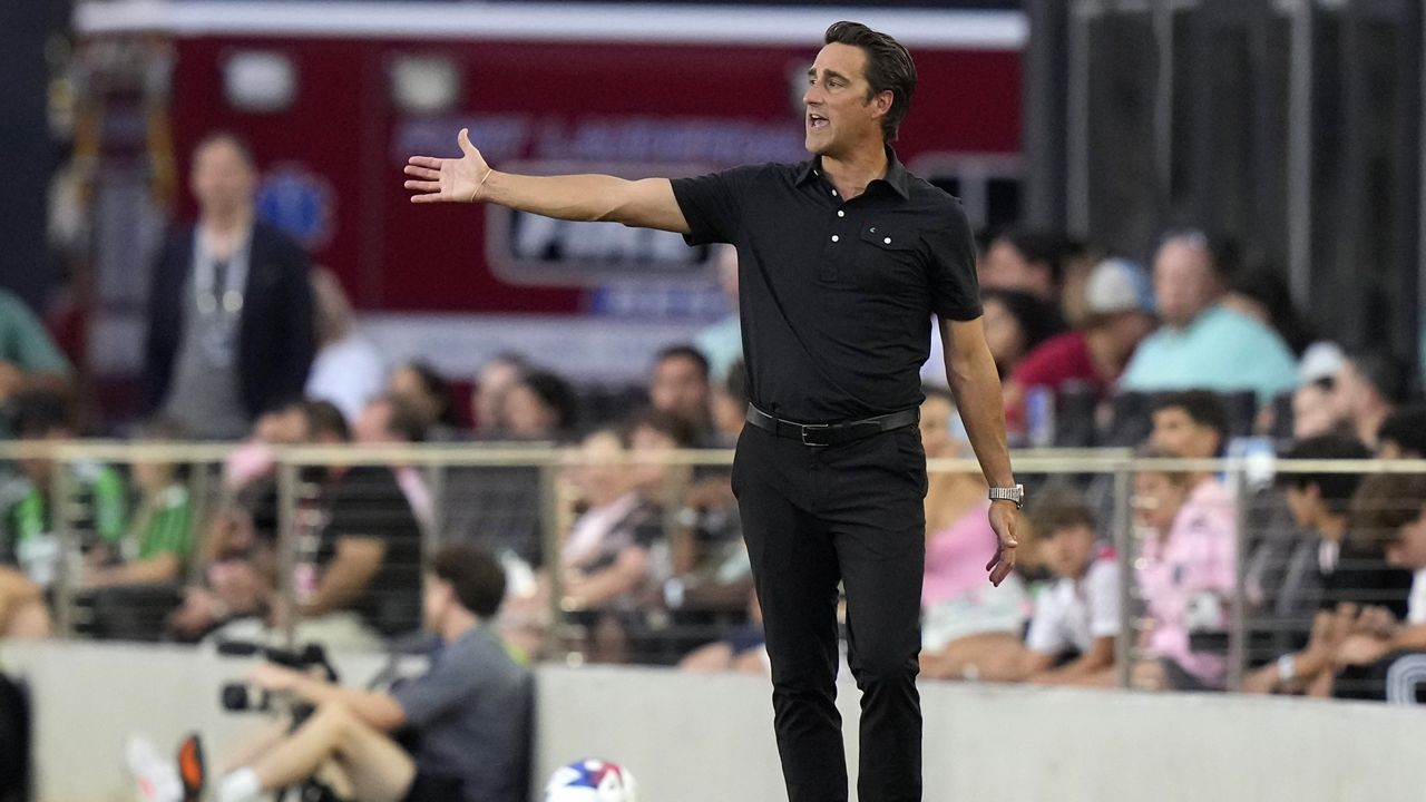 Austin FC head coach Josh Wolff gestures during the first half of an MLS soccer match against Inter Miami, July 1, 2023, in Fort Lauderdale, Fla.