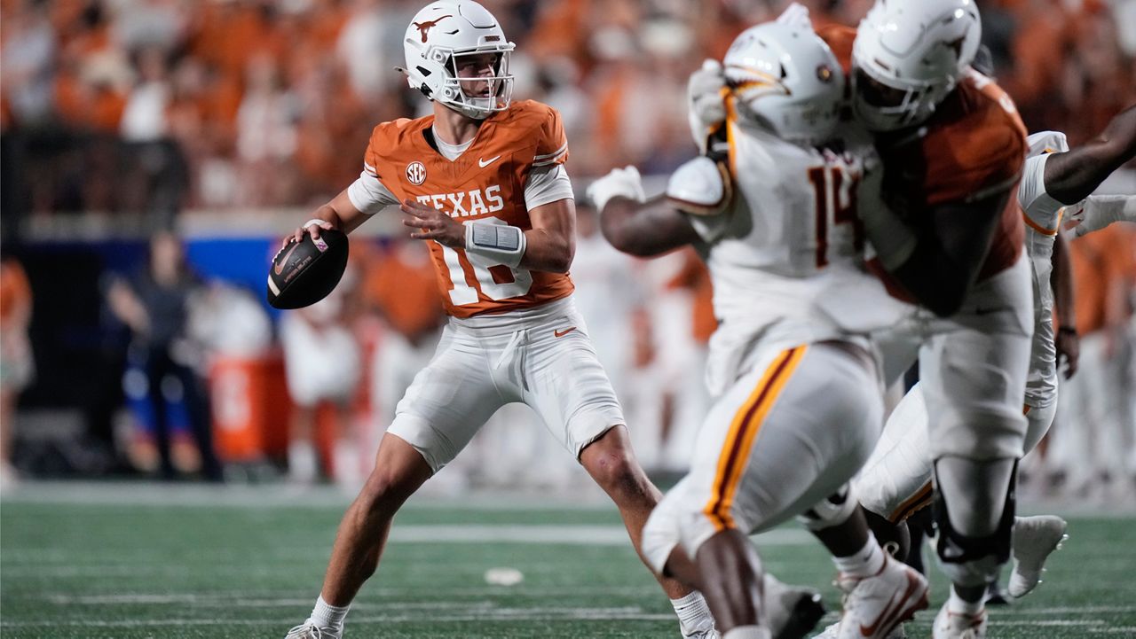 Texas quarterback Arch Manning (16) looks to pass against Louisiana-Monroe during the first half of an NCAA college football game in Austin, Texas, Saturday, Sept. 21, 2024. (AP Photo/Eric Gay)