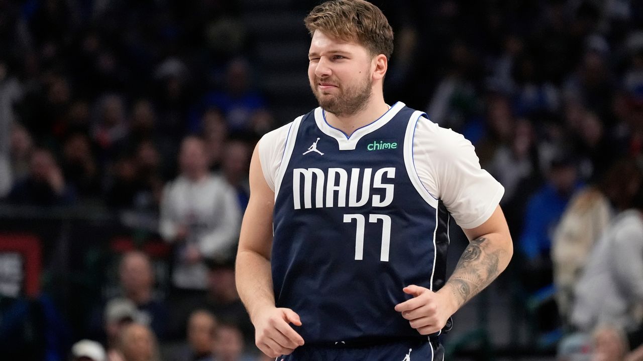 Dallas Mavericks' Luka Doncic winks, after sinking a three-point shot in the first half of an NBA basketball game against the Oklahoma City Thunder in Dallas, Saturday, Feb. 10, 2024. (AP Photo/Tony Gutierrez)