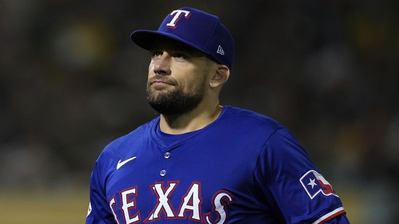 Texas Rangers' Nathan Eovaldi walks to the dugout after pitching against the Oakland Athletics during the sixth inning of a baseball game, Sept. 24, 2024, in Oakland, Calif. (AP Photo/Godofredo A. Vásquez)