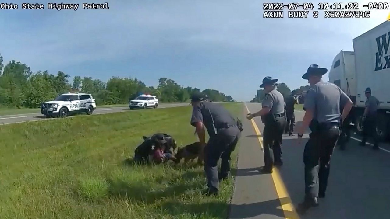 state troopers watch as a police dog attacks a man on the ground on the side of the highway