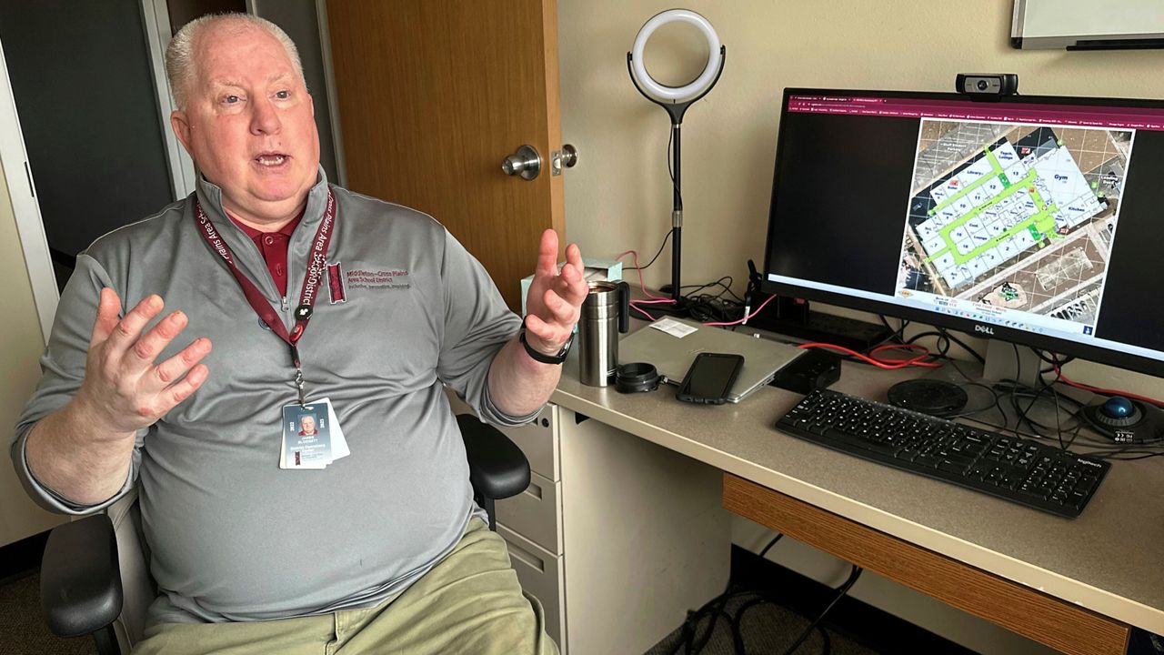 Jim Blodgett, safety and security director for the Middleton-Cross Plains Area School District, discusses digital mapping of school facilities on Tuesday, Feb. 27, 2024, at his office in Middleton, Wis. Digital maps can be used by law enforcement and others who are responding to emergencies. (AP Photo/Scott Bauer)