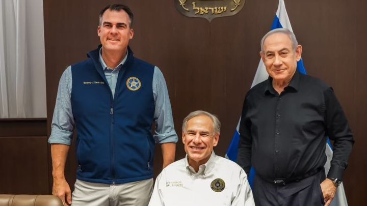 From left to right, Oklahoma Gov. Kevin Stitt, Texas Gov. Greg Abbott and Israeli Prime Minister Benjamin Netanyahu appear in an image released by Abbott's office on Nov. 2, 2023. (Office of Gov. Greg Abbott)