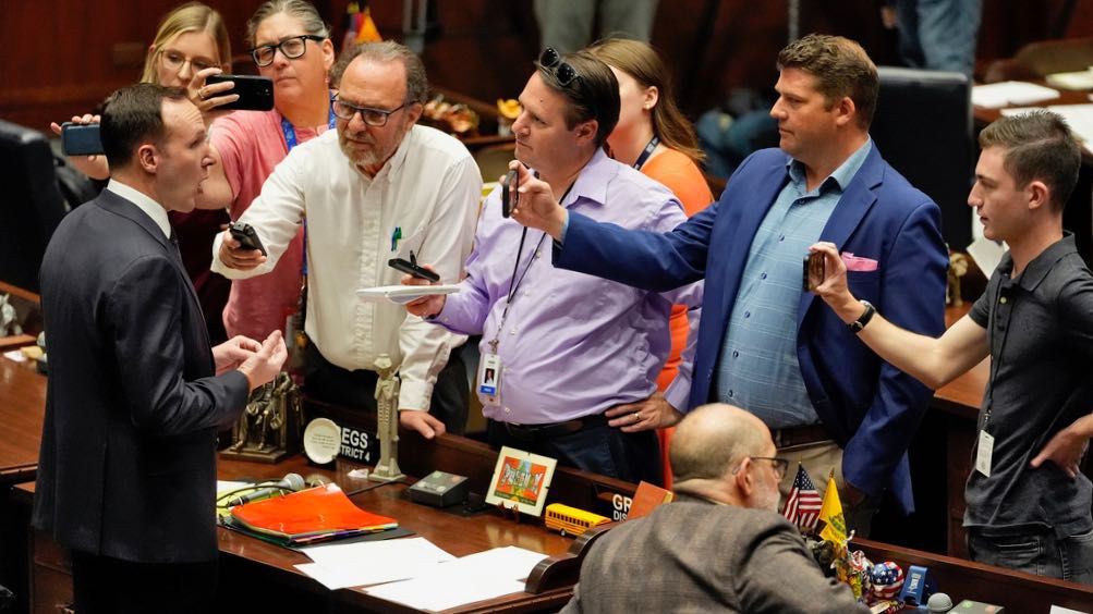 Arizona State Rep. Matt Gress, R, speaks to reporters on the House floor at the Capitol, Wednesday, April 10, 2024, in Phoenix. (AP Photo/Matt York)