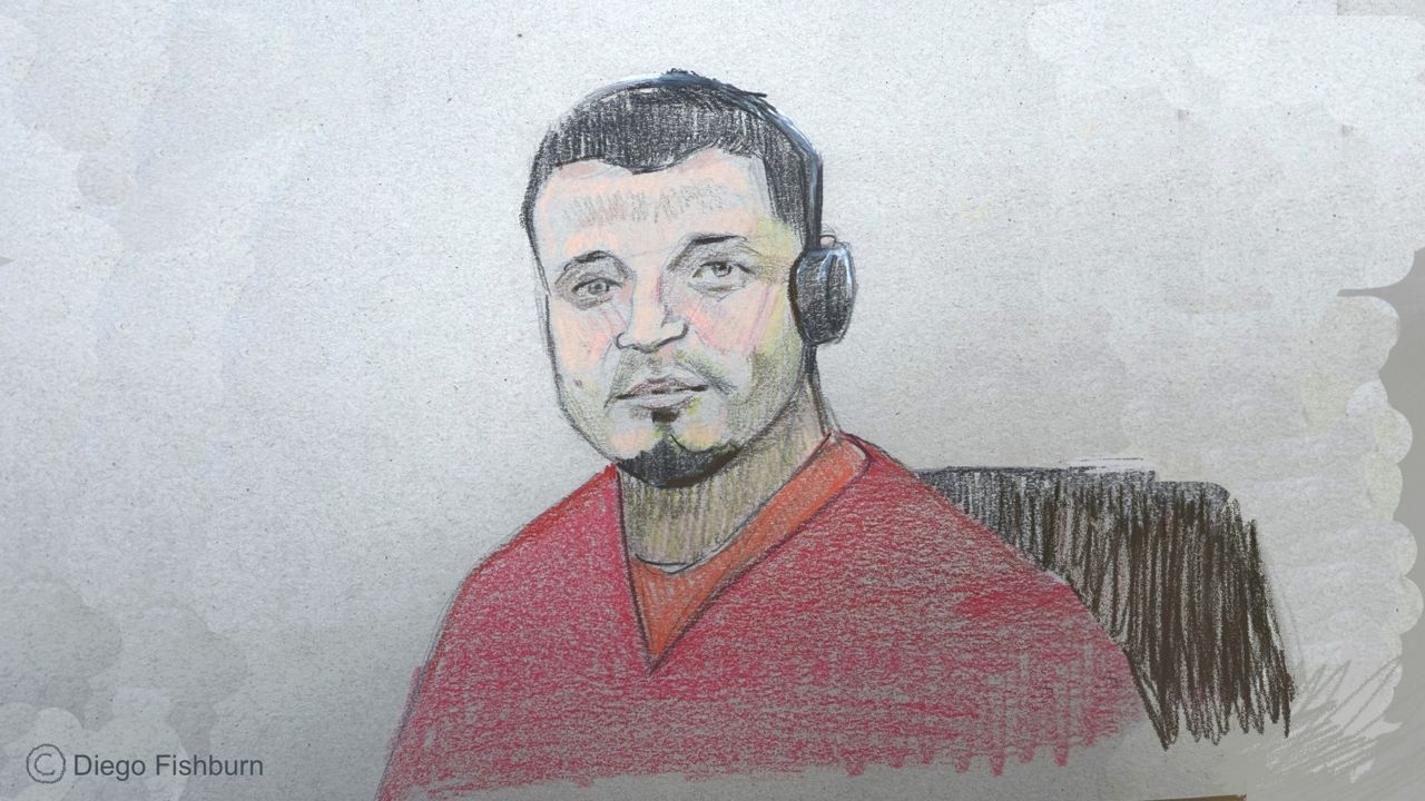 This courtroom sketch depicts Kilmar Abrego Garcia sitting in court during his detention hearing on Wednesday, June 25, 2025, in Nashville, Tenn. (Diego Fishburn via AP)