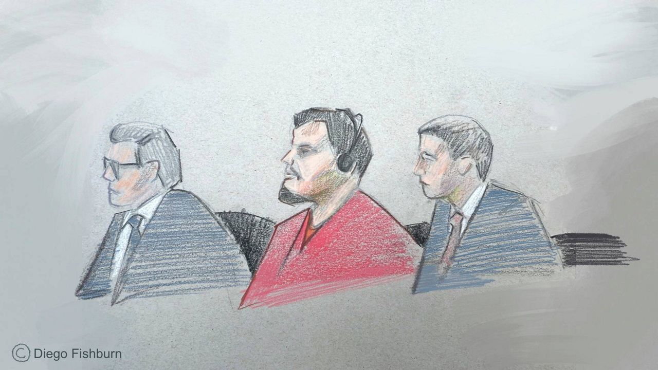 This courtroom sketch depicts, from left, attorney Sean Hecker, Kilmar Abrego Garcia and attorney Rascoe Dean in court during Garcia's detention hearing on Wednesday, June 25, 2025, in Nashville, Tenn. (AP Photo/Diego Fishburn)