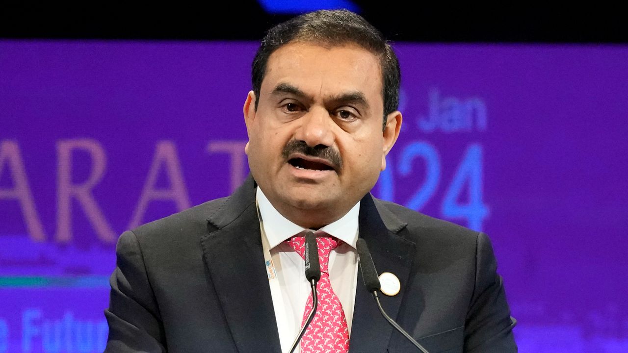 India's Adani Group Chairman Gautam Adani addresses the Vibrant Gujarat Global Summit in Gandhinagar, India, Jan.10, 2024. (AP Photo/Ajit Solanki, File)