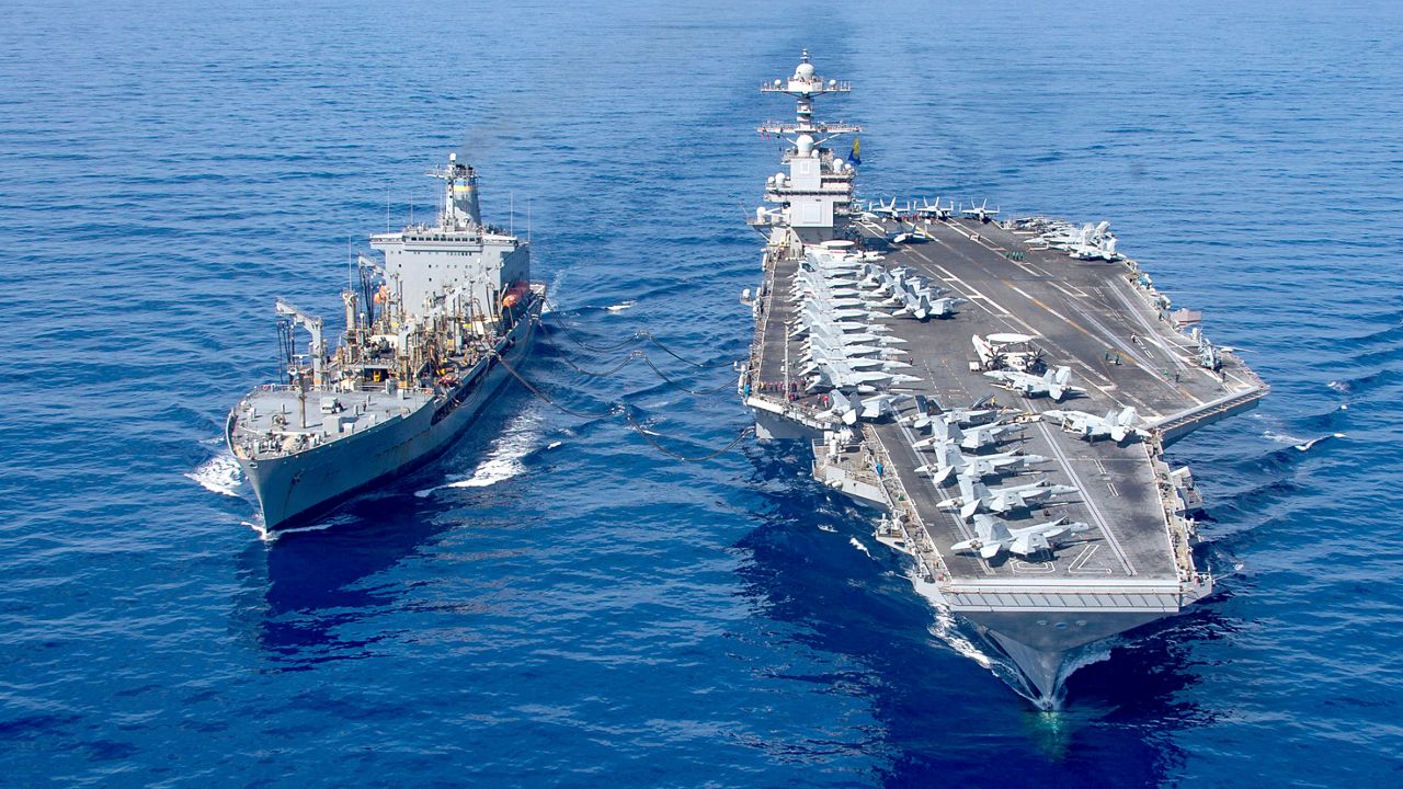 USS Gerald R. Ford aircraft carrier refuels from the underway replenishment oiler USNS Laramie in the eastern Mediterranean Sea, Oct. 11, 2023. (U.S. Navy photo via AP)