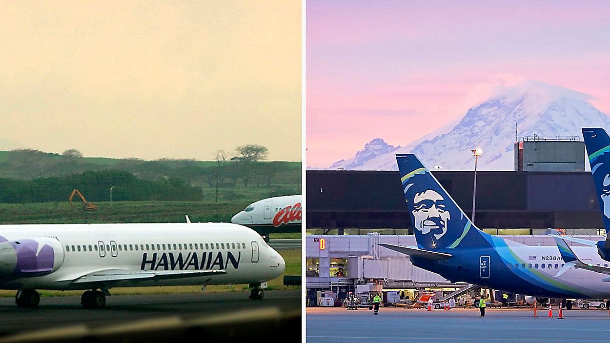 This combination of photos shows a Hawaiian Airlines plane at Kahului, Hawaii, March 24, 2005, left, and Alaska Airlines planes March 1, 2021, in Seattle. (AP Photo/Lucy Pemoni, Ted S. Warren)