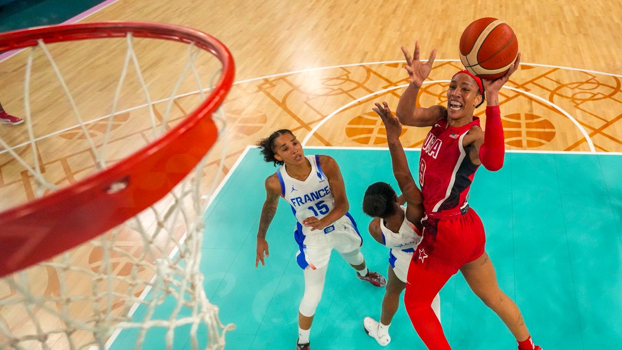 United States' A'ja Wilson (9) shoots for a basket during a women's gold medal basketball game between the United States and France at Bercy Arena at the 2024 Summer Olympics, Sunday, Aug. 11, 2024, in Paris, France. (AP Photo/Mark J. Terrill, Pool)