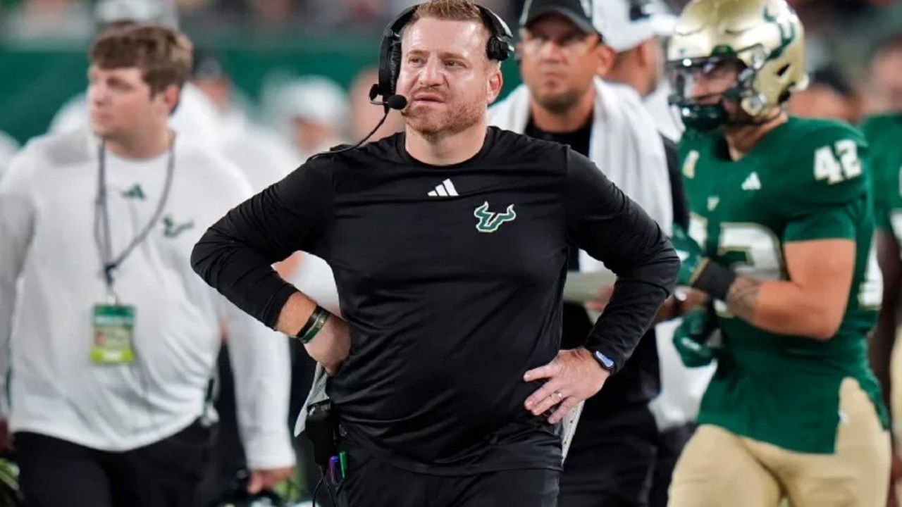 USF coach Alex Golesh is looking to continue the Bulls win streak after two straights wins. USF (4-4) takes on Navy (6-2) Saturday at Raymond James Stadium in an AAC matchup. (AP Photo/Chris O'Meara)