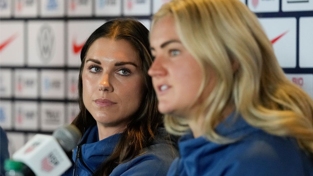 Alex Morgan, left and Lindsey Horan speak to reporters during the 2023 Women’s World Cup media day for the United States Women’s National Team in Carson, Tuesday, June 27, 2023. (AP Photo/Ashley Landis)