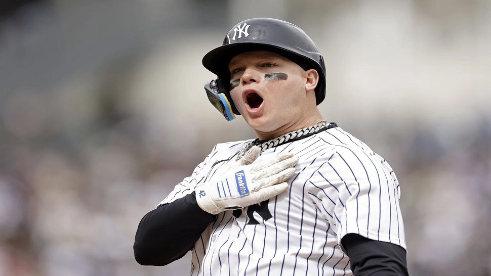 New York Yankees' Alex Verdugo reacts after hitting a two run-scoring single against the Tampa Bay Rays during the fifth inning of a baseball game Sunday, April 21, 2024, in New York. (AP Photo/Adam Hunger)