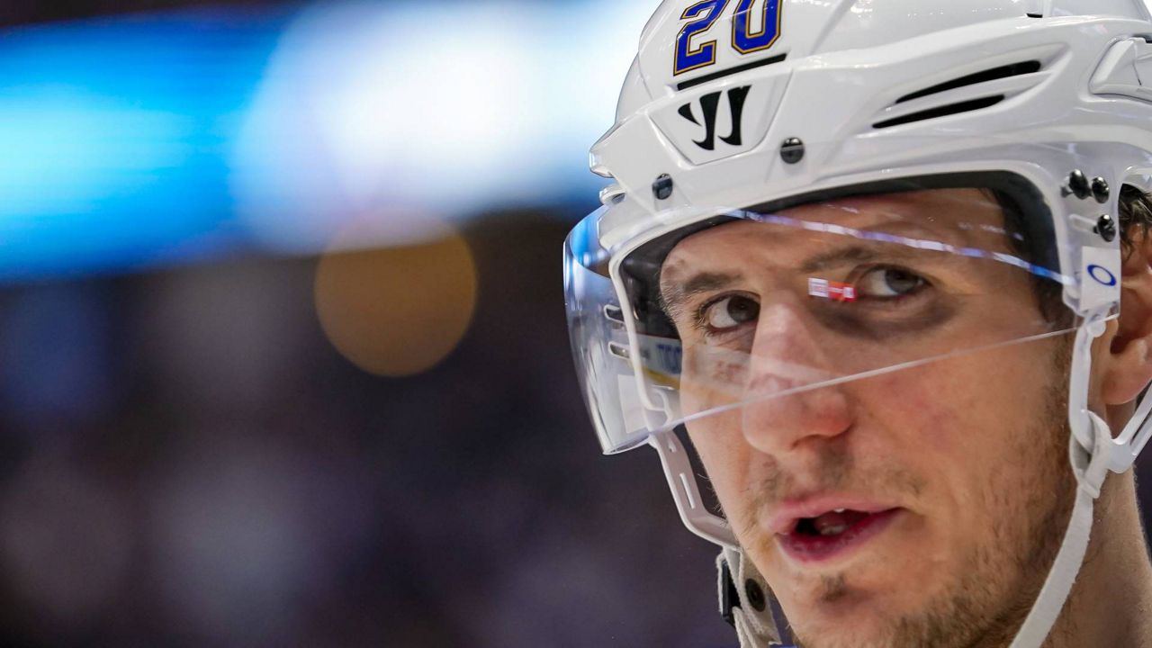 St. Louis Blues left wing Alexander Steen looks one against the Colorado Avalanche during the third period of an NHL hockey game, Thursday, Jan. 2, 2020, in Denver. The Blues have set up a plan for Steen to succeed Doug Armstrong as general manager. Steen joined their front office as a consultant and development coach last year after a lengthy playing career that included winning the Stanley Cup with St. Louis in 2019. (AP Photo/Jack Dempsey, File)