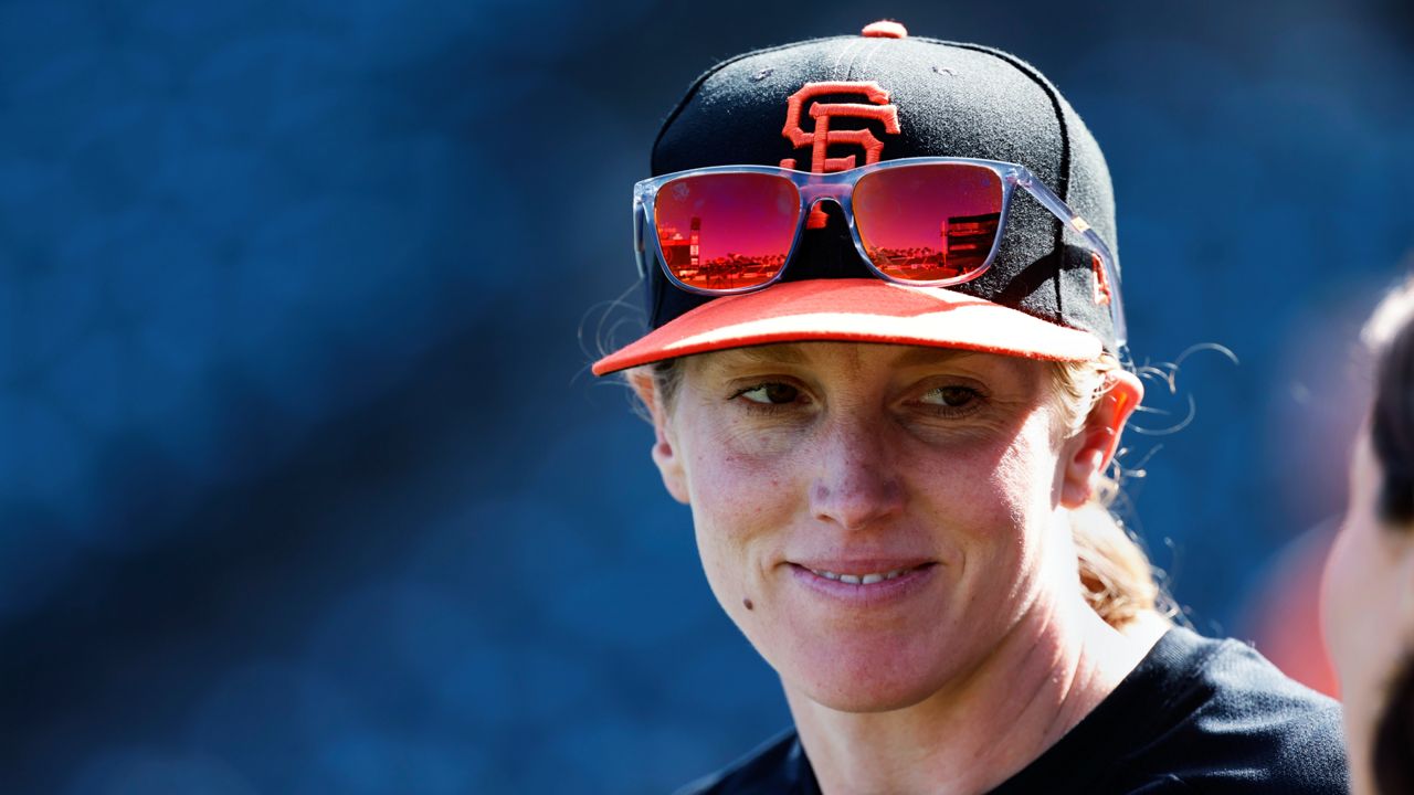 San Francisco Giants assistant baseball coach Alyssa Nakken speaks to a reporter in San Francisco, July 7, 2023.