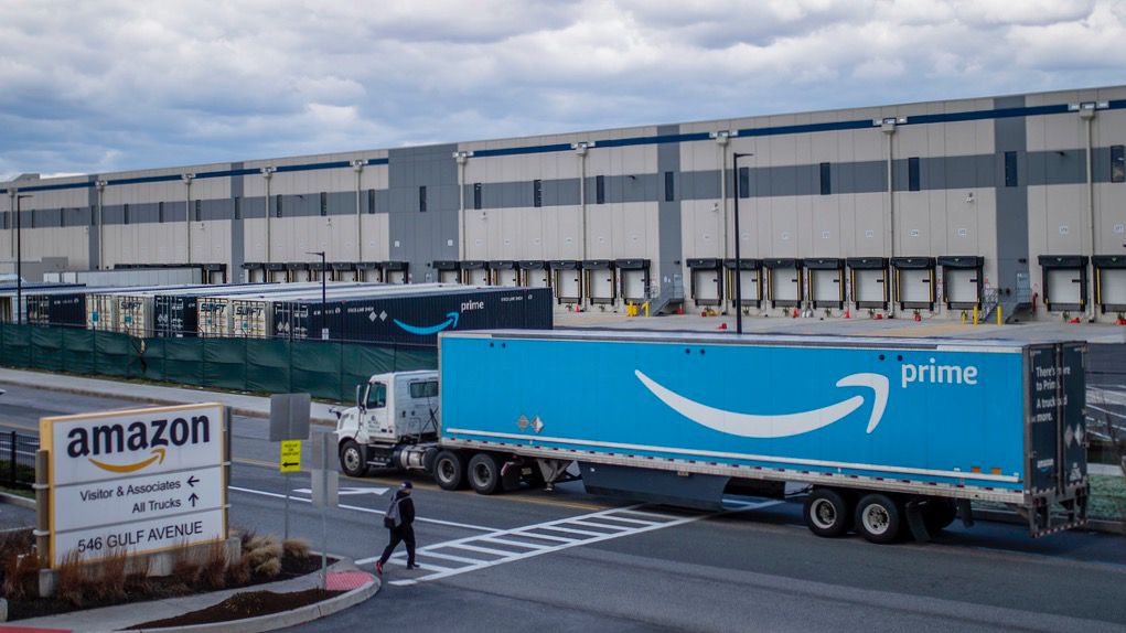 A truck arrives at the Amazon warehouse facility, in the Staten Island borough of New York, April 1, 2022. (AP Photo/Eduardo Munoz Alvarez)