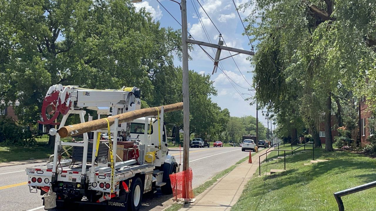 An Ameren crew was seen repairing a utility pole in University City along McKnight Rd. that was damaged by severe weather which swept through the St. Louis region over the weekend. The company says it could be Wednesday night before power is fully restored in the area. (Spectrum News/Gregg Palermo)