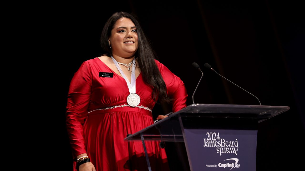 Ana Liz Pulido of Ana Liz Taqueria accepts the award for Best Chef: Texas at the James Beard Awards in Chicago on June 10, 2024. (Credit: James Beard Foundation)