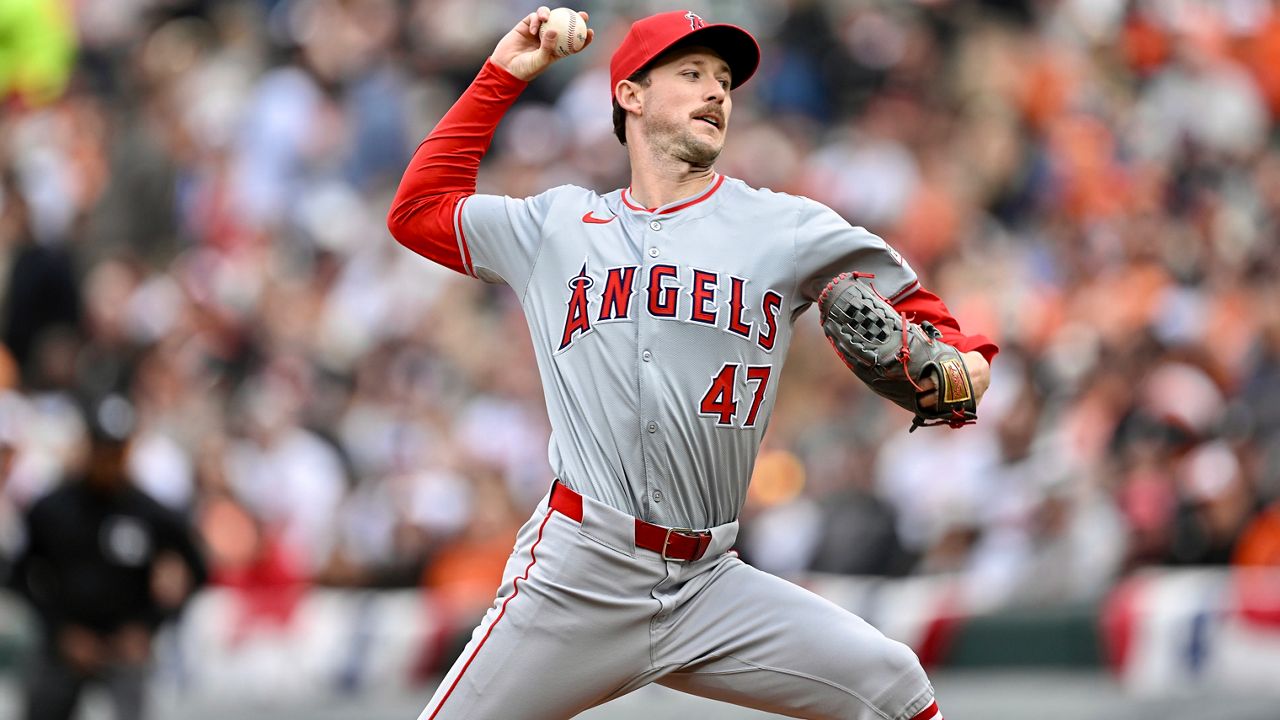 Los Angeles Angels starting pitcher Griffin Canning (47) throws during the first inning of a baseball game against the Baltimore Orioles, Saturday, March, 30, 2024, in Baltimore. (AP Photo/Terrance Williams)