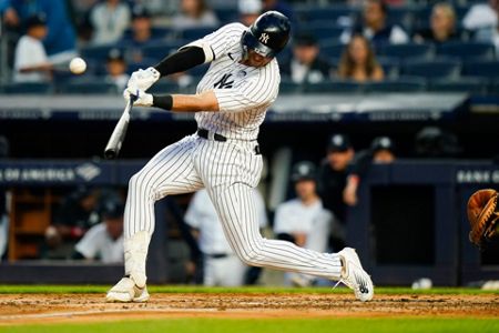 New York Yankees' Matt Carpenter, left, celebrates as he runs the bases  after hitting a two-run home run during the first inning of a baseball game  against the Los Angeles Angels Tuesday