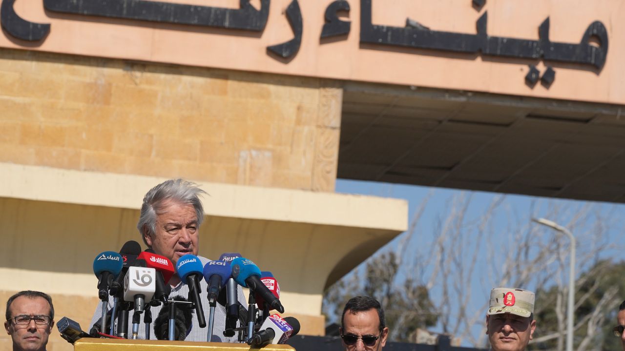 United Nations Secretary General Antonio Guterres speaks after his visit to the Rafah border crossing between Egypt and the Gaza Strip, Saturday, March 23, 2024. Arabic reads, "Rafah border crossing". (AP Photo/Amr Nabil)