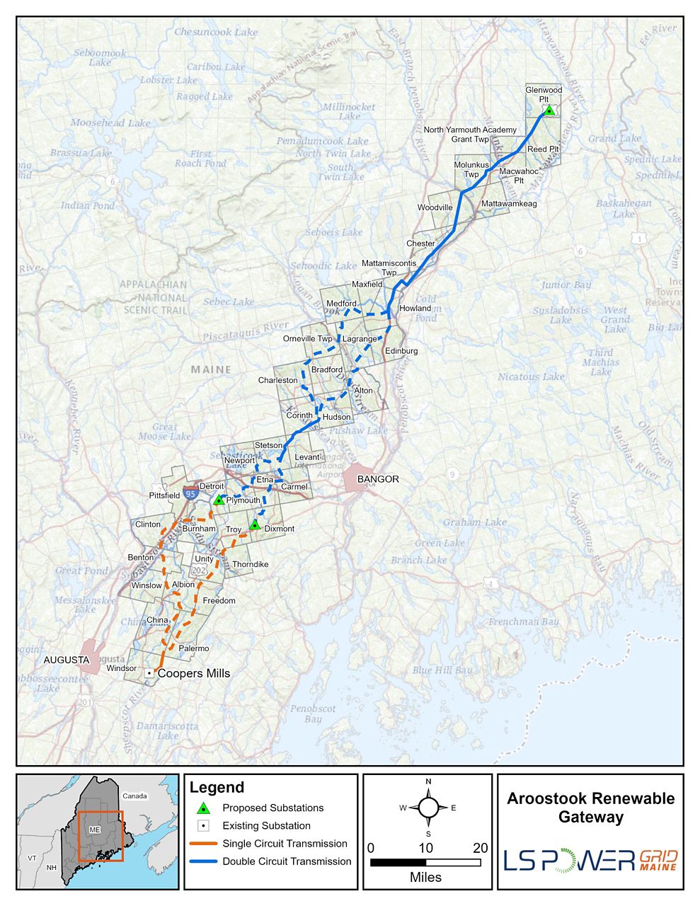 This map shows proposed routes for a new power corridor from Aroostook County to Kennebec County. (LS Power Grid Maine map)