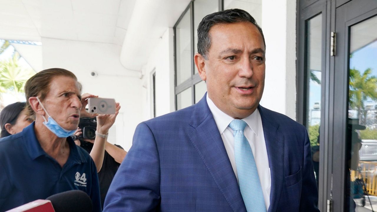 Then-Miami police Chief Art Acevedo arrives at Miami City Hall for a hearing to determine his job, on Oct. 14, 2021, in Miami. (AP Photo/Marta Lavandier, File)