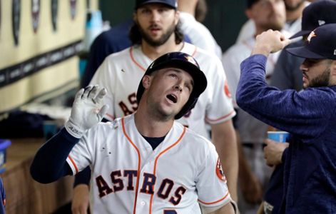 Houston Astros All-Stars Justin Verlander (35), George Springer (4), Alex  Bregman (2), Jose Altuve (27) and manager AJ Hinch pose before a baseball  game against the Oakland Athletics Thursday, July 12, 2018