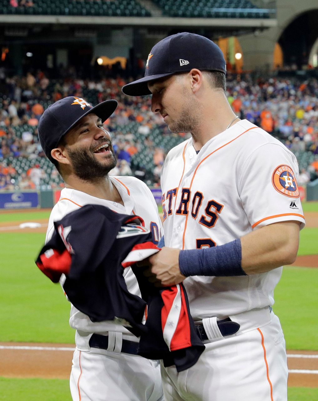 Houston Astros All-Stars Justin Verlander (35), George Springer (4), Alex  Bregman (2), Jose Altuve (27) and manager AJ Hinch pose before a baseball  game against the Oakland Athletics Thursday, July 12, 2018