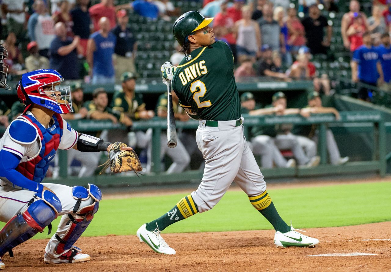 Davis hits 2 more HRs, A's rally again to beat Rangers 6-5