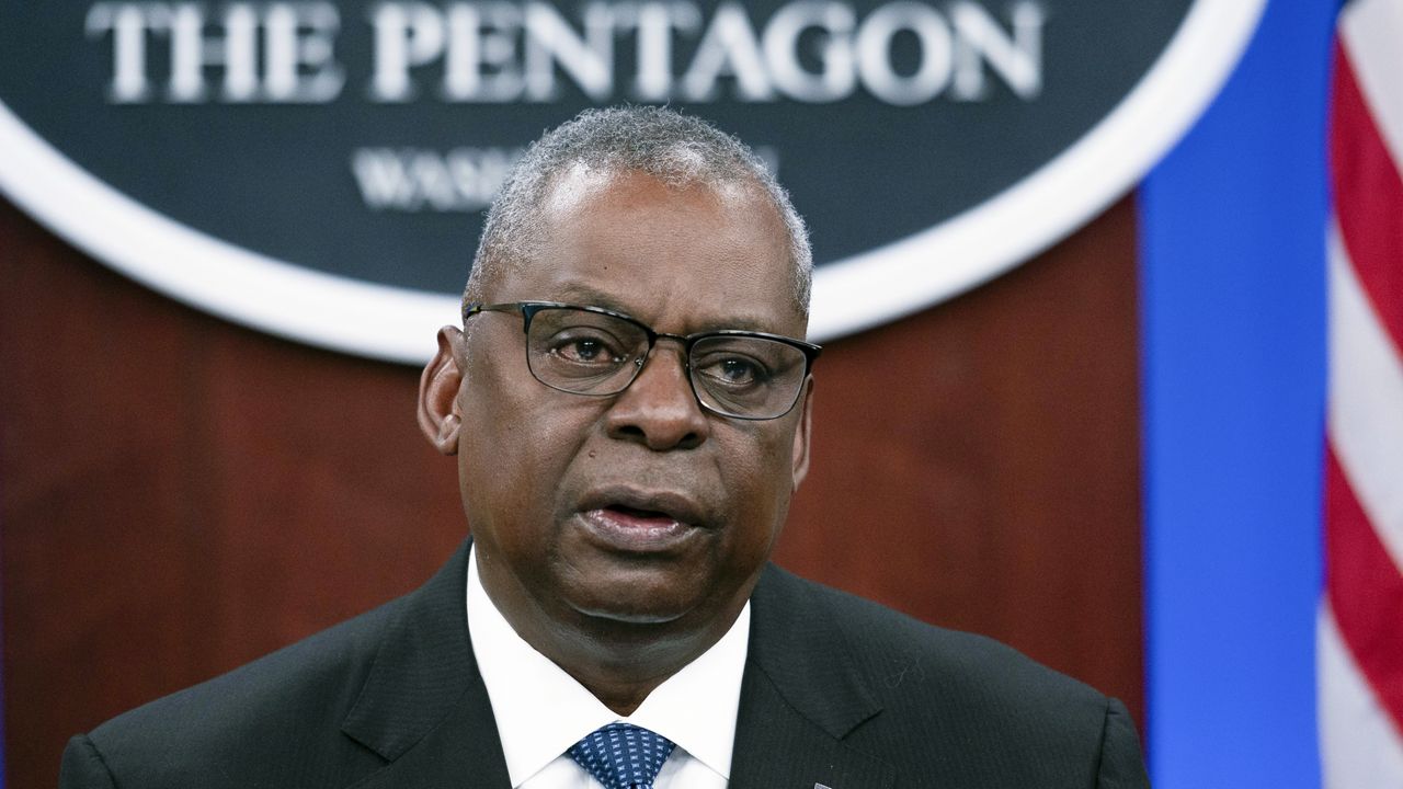 Secretary of Defense Lloyd Austin speaks at a virtual Ukraine Defense Contact Group (UDCG) meeting, Nov. 22, 2023, at the Pentagon in Washington. (AP Photo/Cliff Owen)