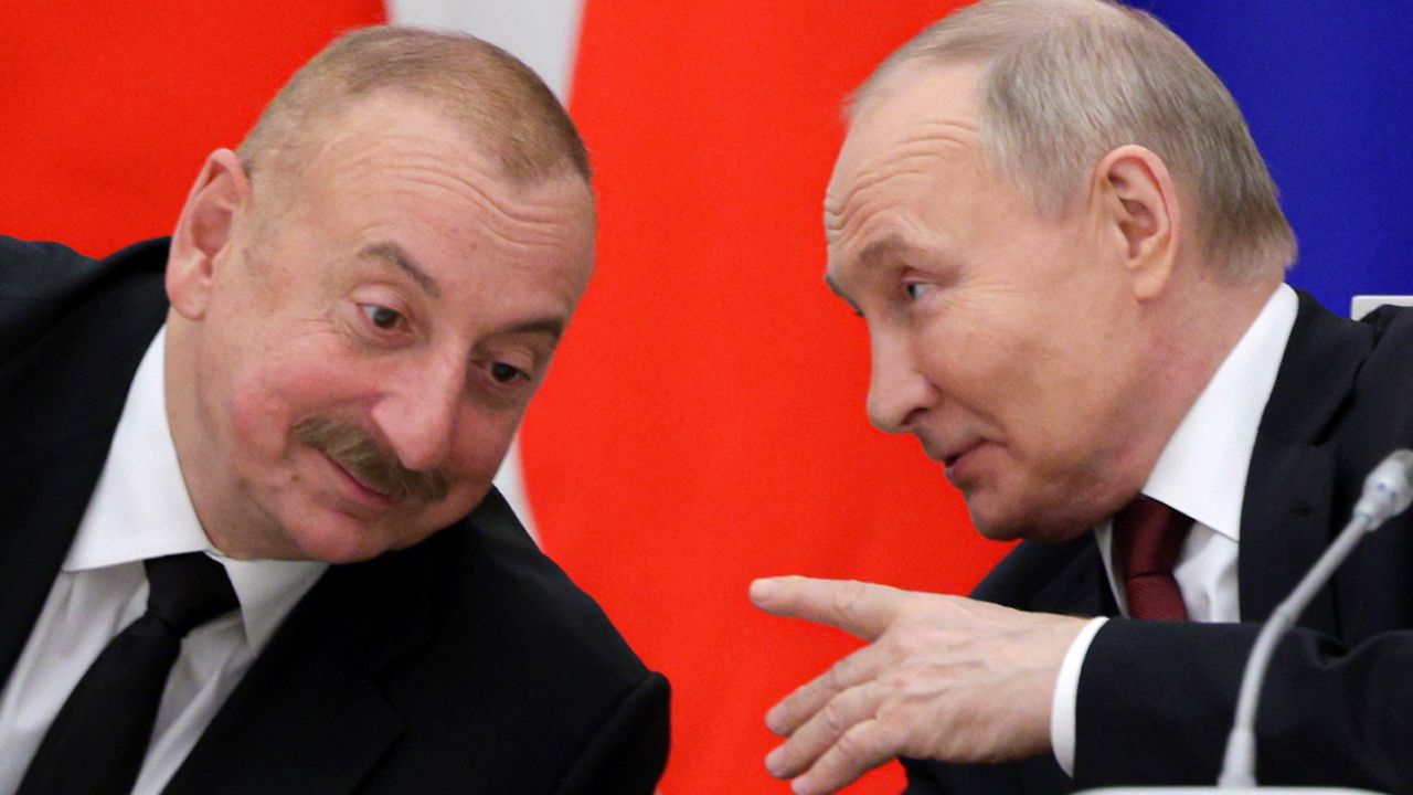 Russian President Vladimir Putin, right, and Azerbaijani President Ilham Aliyev attend a meeting with railway industry veterans and workers to mark the 50th anniversary of the Baikal-Amur Mainline (BAM) construction at the Kremlin in Moscow, Russia, Monday, April 22, 2024. (Gavriil Grigorov, Sputnik, Kremlin Pool Photo via AP, File)