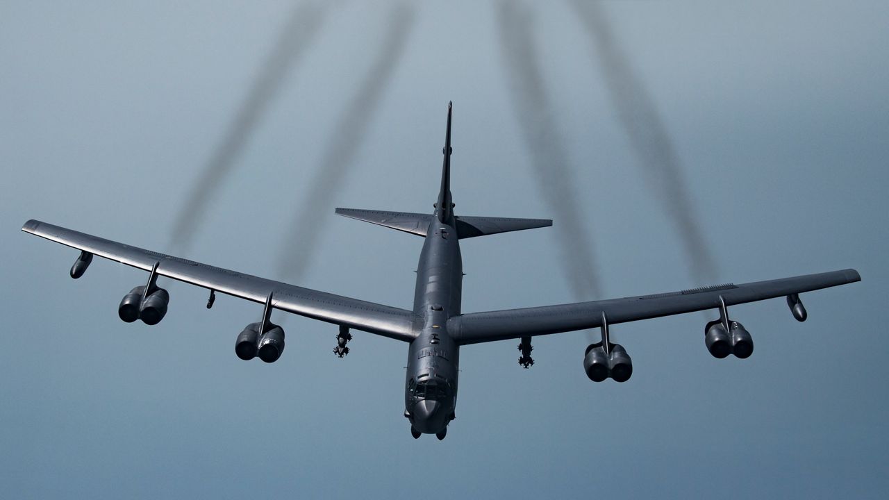 In this May 21, 2019 photo provided by the U.S. Air Force, a U.S. B-52H Stratofortress, prepares to fly over Southwest Asia.  (Senior Airman Keifer Bowes/U.S. Air Force via AP)