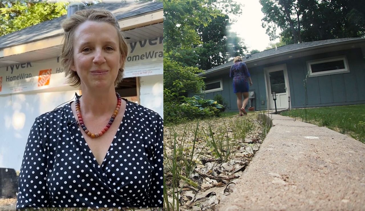 Sabrina Hilton (left) built a permitted accessory dwelling unit in her sideyard (right.) She currently rents the unit, but in the future, it could be a housing option for her aging parents. (Spectrum News 1/Kathryn Larson)