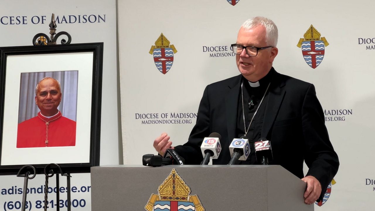 Madison Bishop Donald Hying speaks after the election of Pope Leo XIV. (Spectrum News 1/Natalie Sopyla)