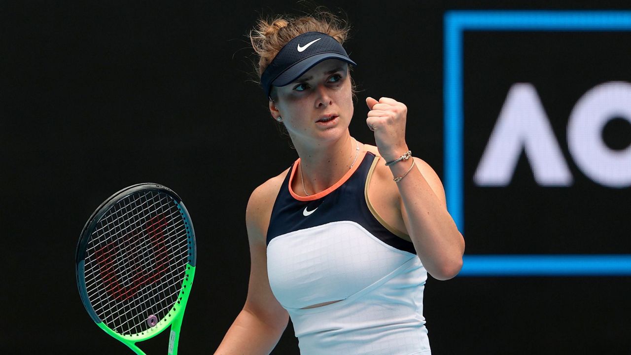 Ukraine's Elina Svitolina reacts after winning a point against Kazakhstan's Yulia Putintseva during their third round match at the Australian Open tennis championship in Melbourne, Australia, Feb. 13, 2021.(AP Photo/Hamish Blair, File)