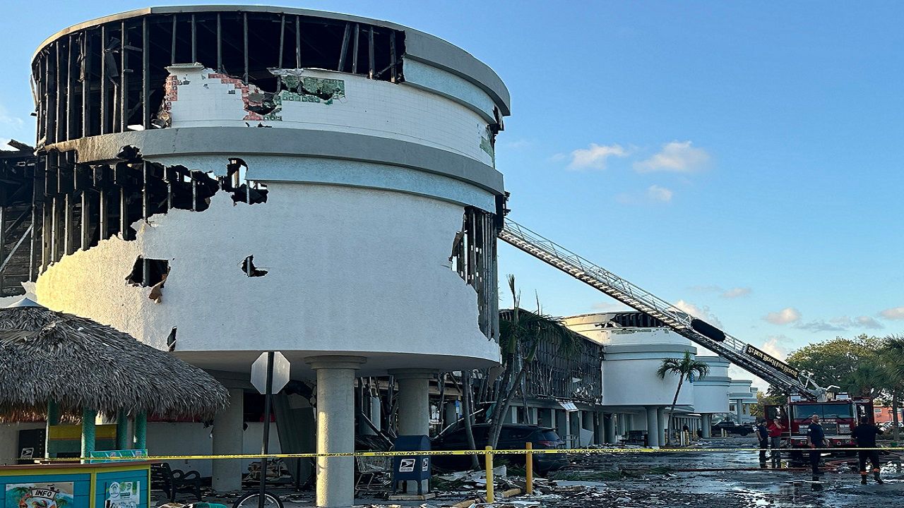 A look at the Dolphin Village Plaza in St. Pete Beach Wednesday morning after flames tore through the buildings on Tuesday. (Spectrum News image/Angie Angers)
