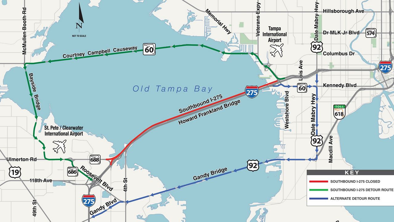 Drivers who cross the Howard Frankland Bridge nightly will have to take a detour overnight Wednesday as the Florida Department of Transportation conducts road work. (FDOT)