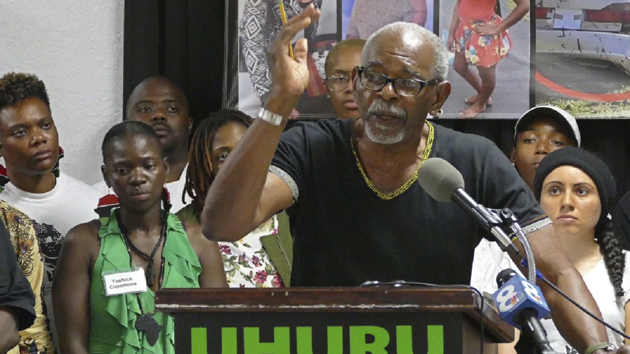 Omali Yeshitela, chairman of the International People’s Democratic Uhuru Movement speaks at a news conference on July 8, 2016, in Dallas. (Scott Keeler/via AP, File)