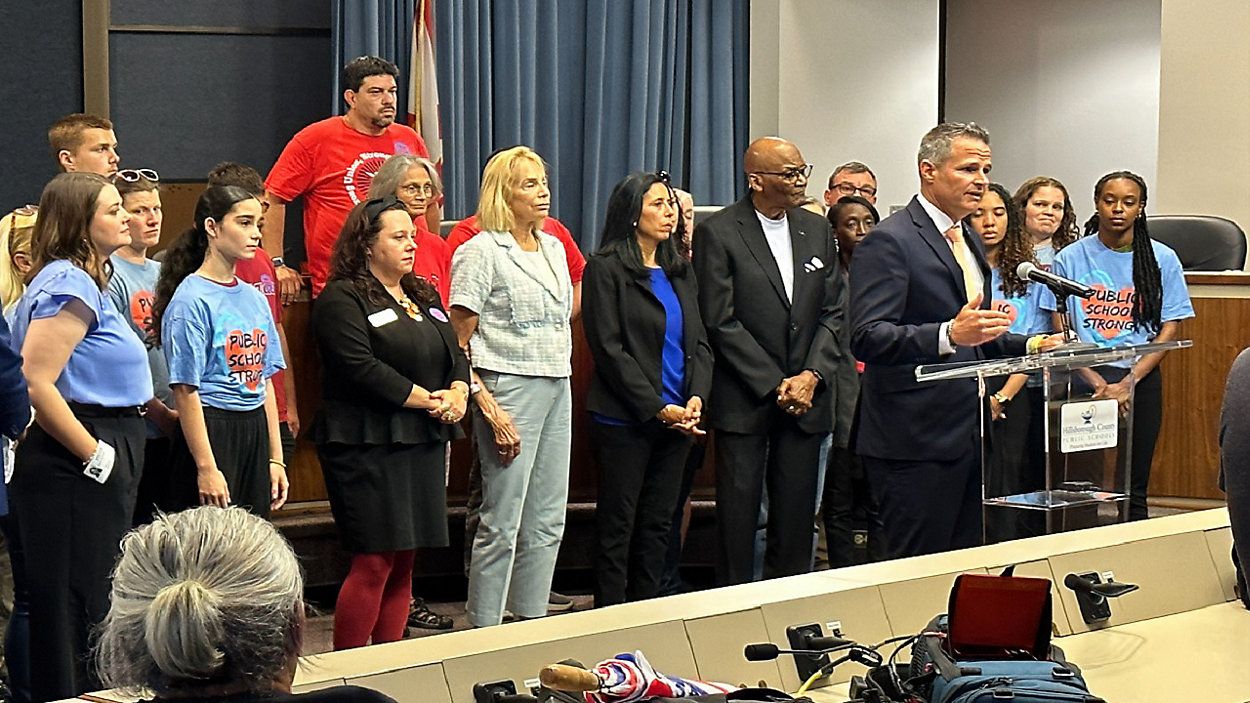 Hillsborough Schools Superintendent Van Ayres (right) discusses the tax referendum at a recent school board meeting. (Spectrum News/Sarah Blazonis)