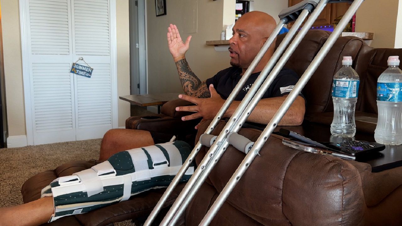Steven Whitehurst, 58, is still managing pain from his injuries, but says he’s thankful that his wife, adult children and his 11-year-old granddaughter are all home safe. (Spectrum News/Erica Riggins)