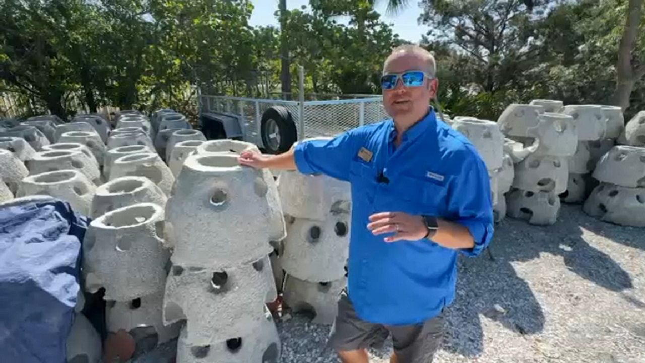 Richard Radigan, Oyster Shell Program Manager with Tampa Bay Watch, said the oyster reef balls are constructed with concrete and additives that increases the longevity of the reefs. (Spectrum News image)