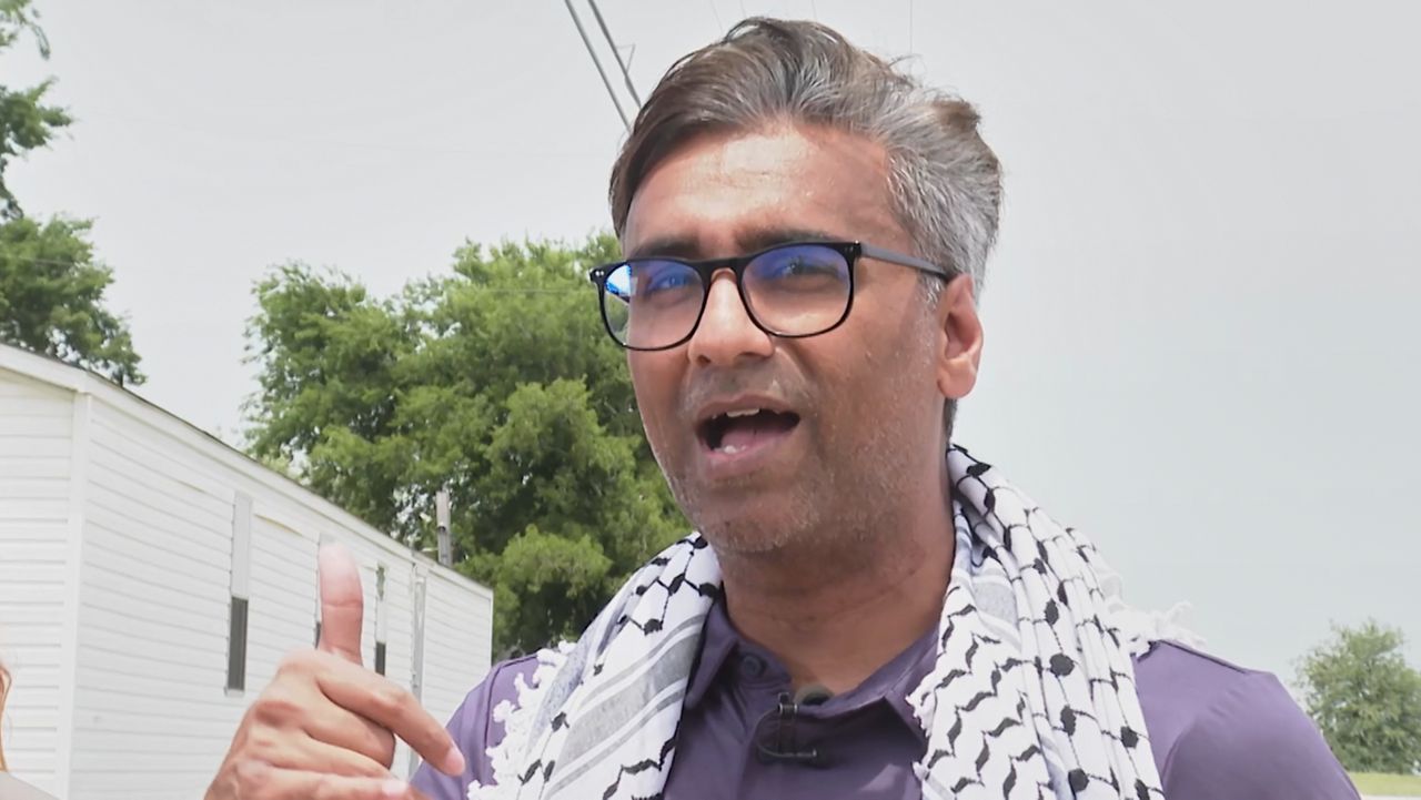Badar Khan Suri, a Georgetown University scholar from India, speaks after he was released from immigration detention facility Wednesday, May 14, 2025, in Alvarado, Texas. (AP Photo/Kendria LaFleur)